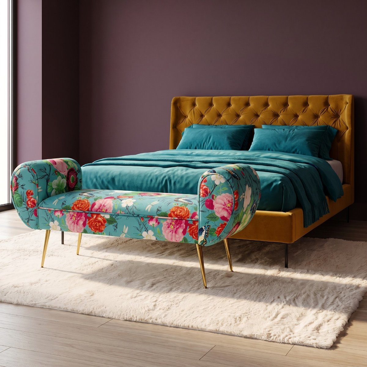 Banc 2 places imprimé fleurs et papillons, FLOWER FEVER bleu, KARE DESIGN
