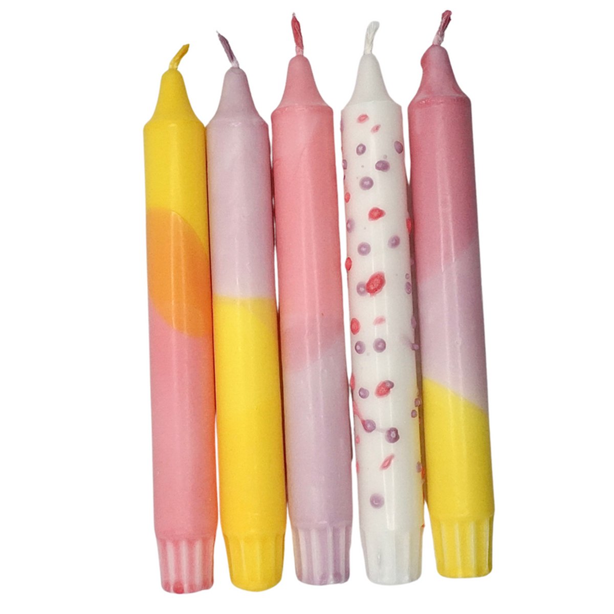 Lot de 5 bougies PASTEL lila, jaune, rose, EKRU