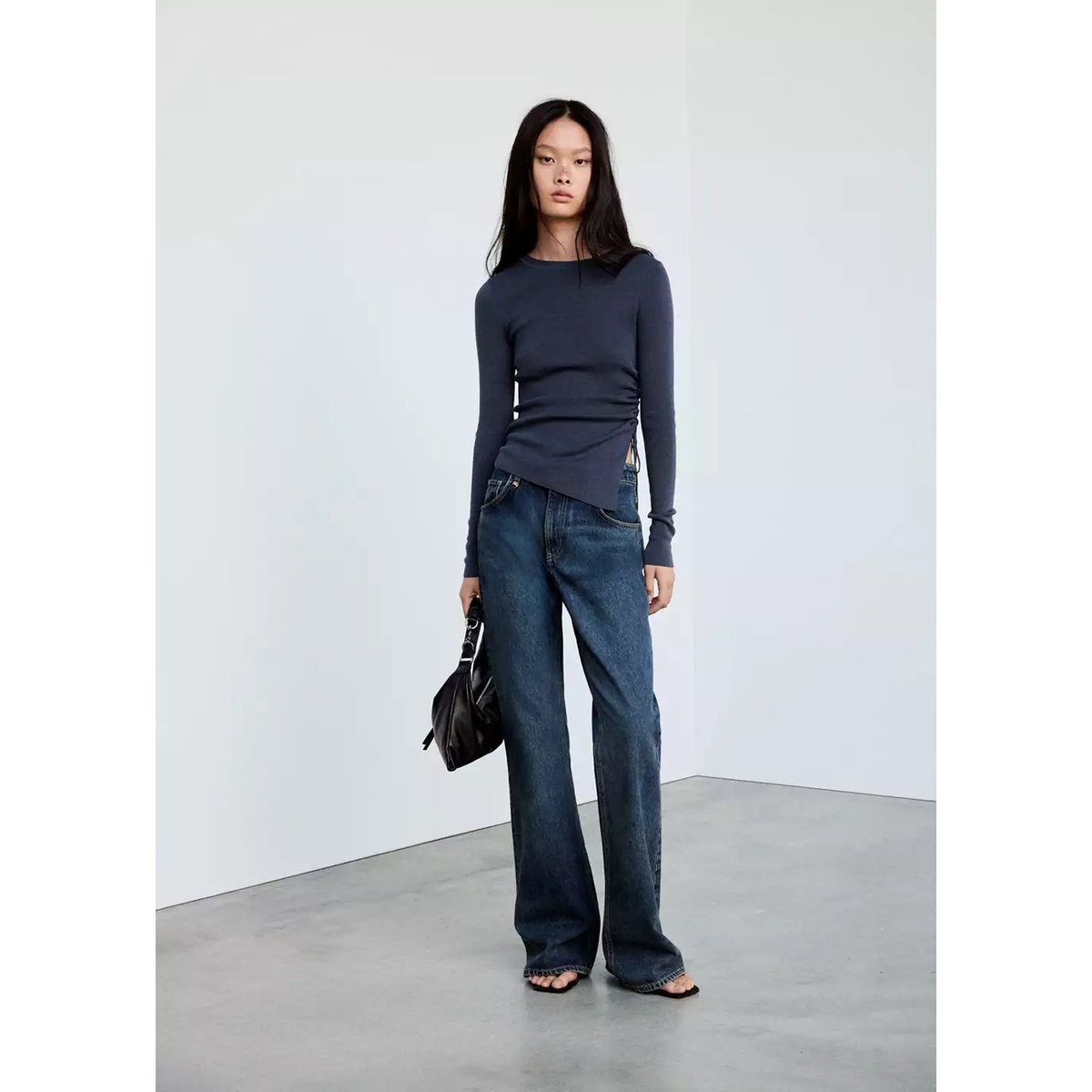 Pull en maille fine froncé bleu pétrole, MANGO