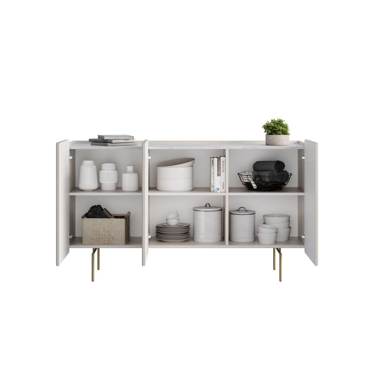 Buffet bas en panneaux de particules et MDF 4 portes 150 cm, MATHILDE beige, BOBOCHIC