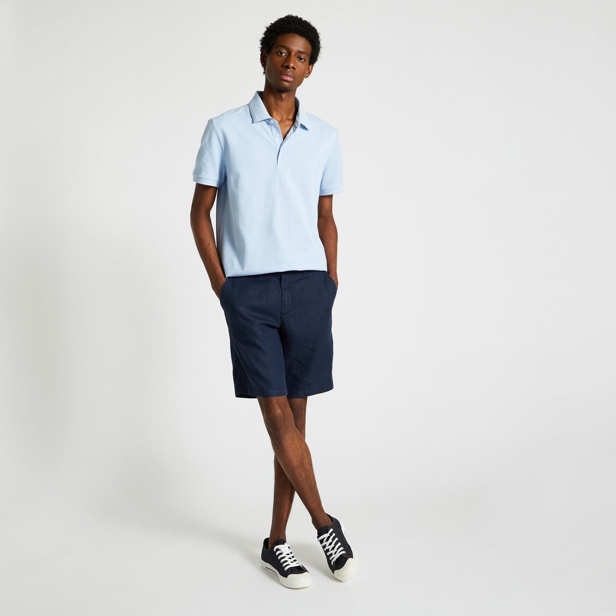 Bermuda boutonné en lin marine, MONOPRIX