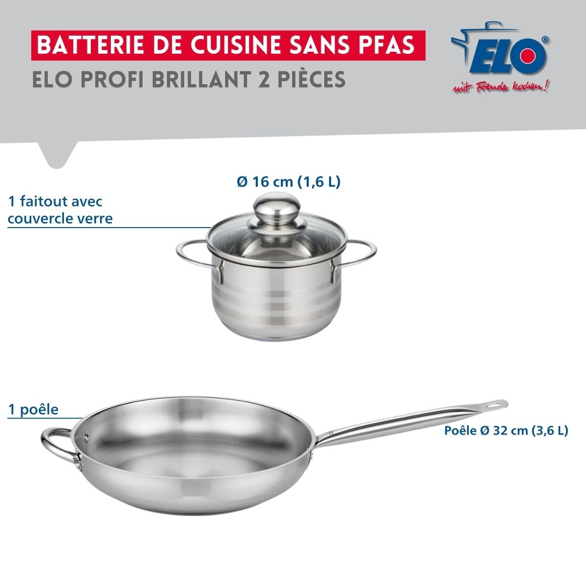 Batterie de cuisine 1 poêle 32cm + 1 faitout 16cm PROFI BRILLANT gris, ELO