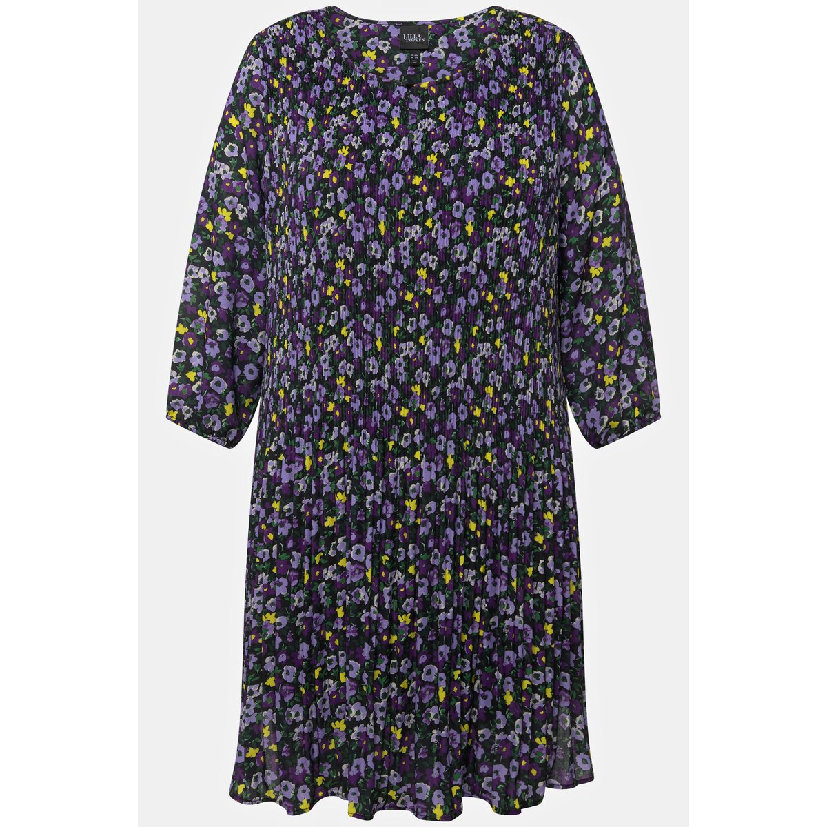 Robe courte plissée, fleurs, col rond noir, ULLA POPKEN