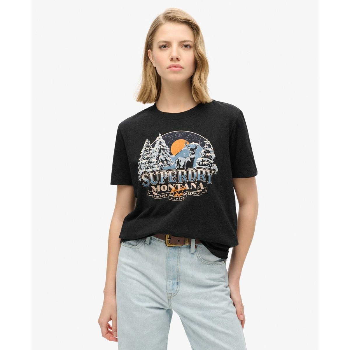 T-shirt décontracté Travel Souvenir noir phantom chiné, SUPERDRY