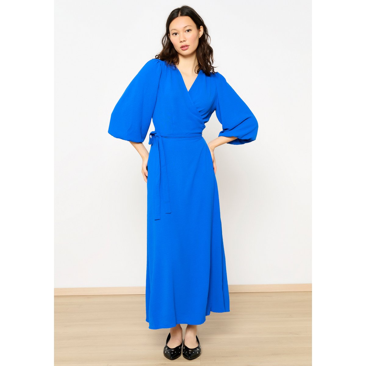 Robe cache-coeur avec manches ballon bleu electrique, LOLALIZA