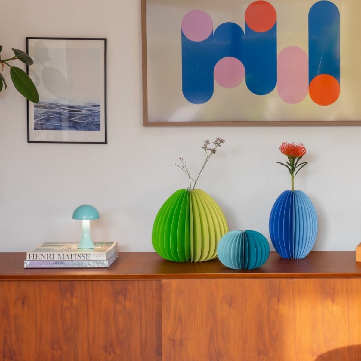 Vase rond papier plisse design  YUKI bleu turquoise, REMEMBER