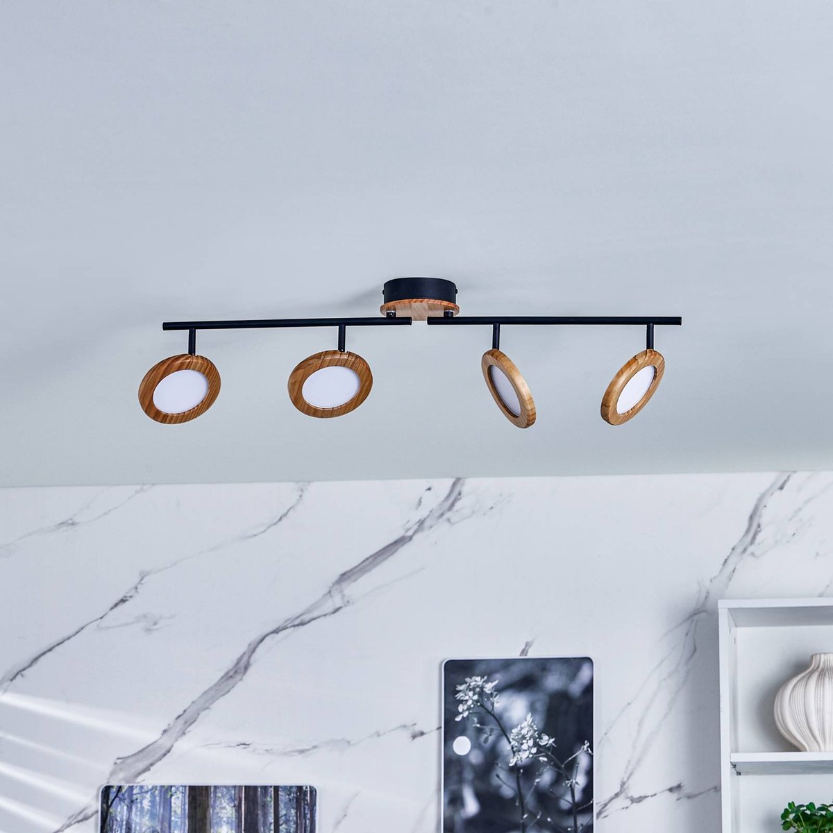 Plafonnier en métal traditionnelleLED, Manel bois clair, noir, blanc, LINDBY