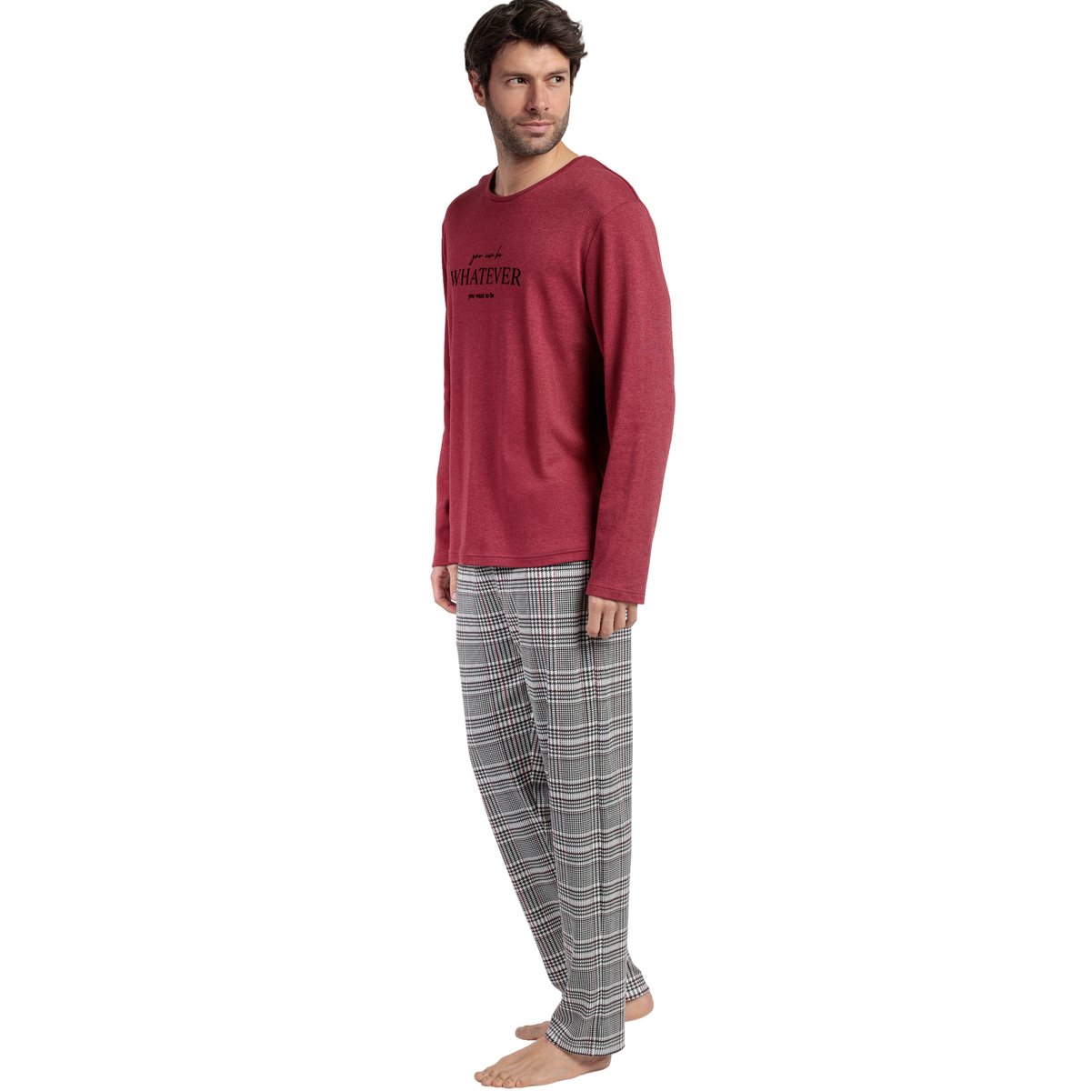 Pyjama pantalon top manches longues Houndstooth bordeaux, ADMAS
