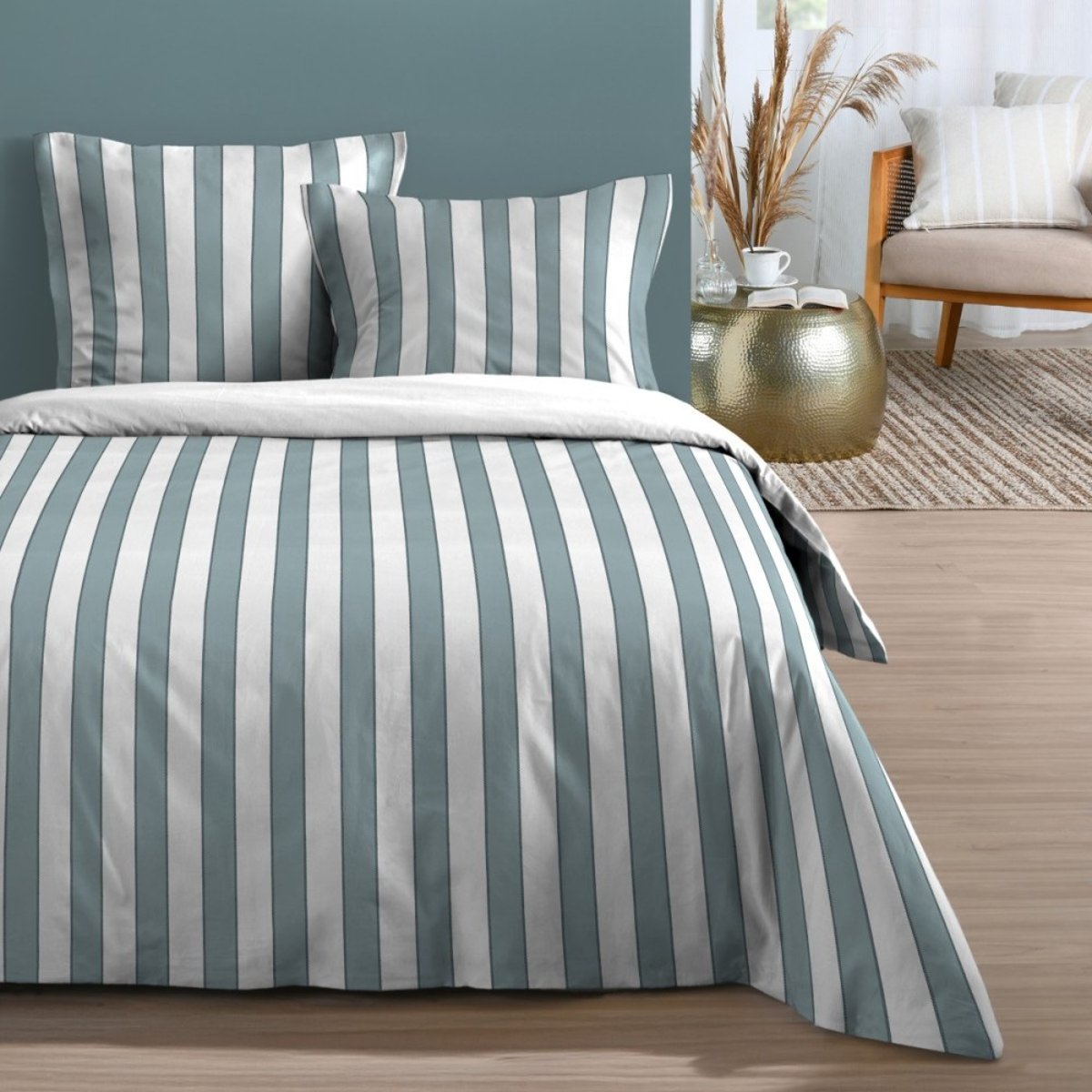 Housse De Couette 100% Coton 57 Fils + 2 Taies D'oreiller bleu, DECORATIE