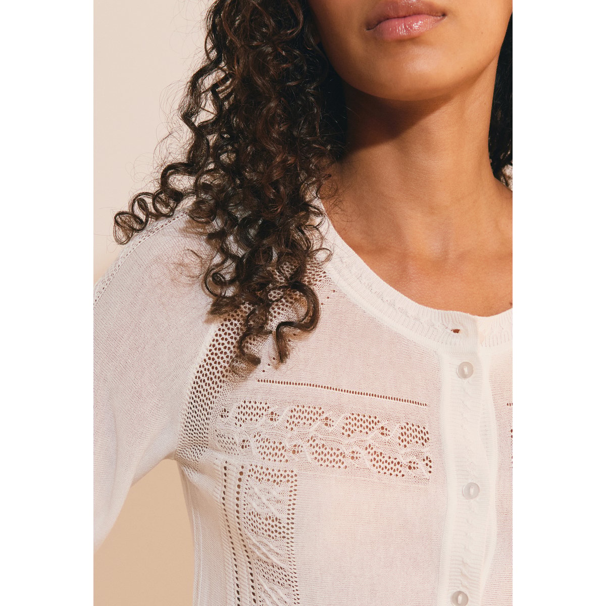 Cardigan fin à détails ajourés SUZANE CARDI ecru, ETAM