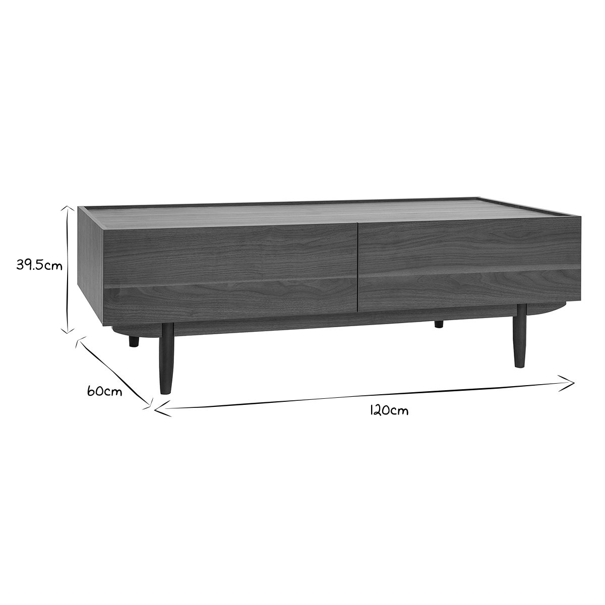 Table basse rectangulaire avec rangements 2 tiroirs finition bois foncé noyer L120 cm SANAA noyer, MILIBOO