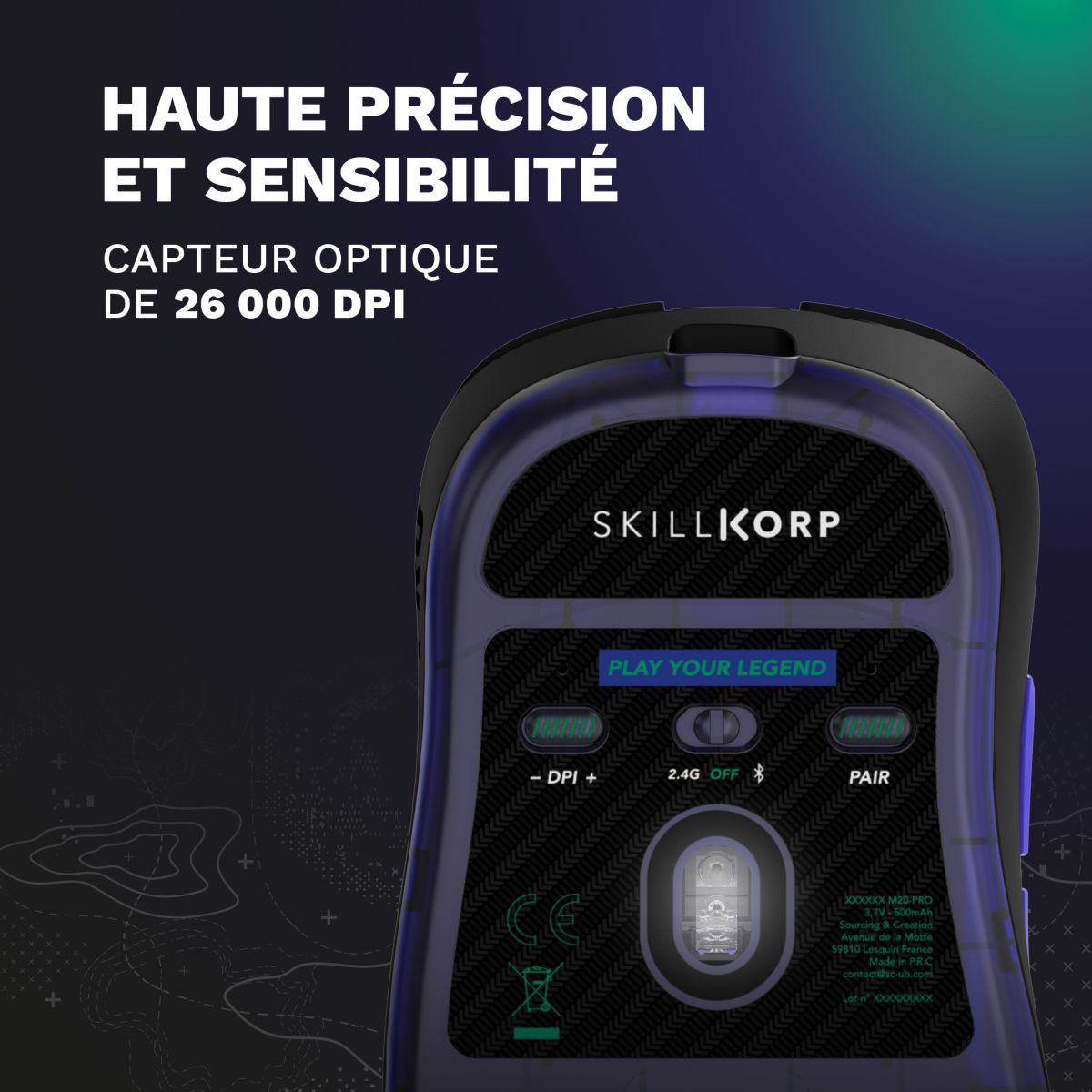 Souris Gamer Sans Fil M20 Pro Noir Ultimate 8K couleur unique, SKILLKORP