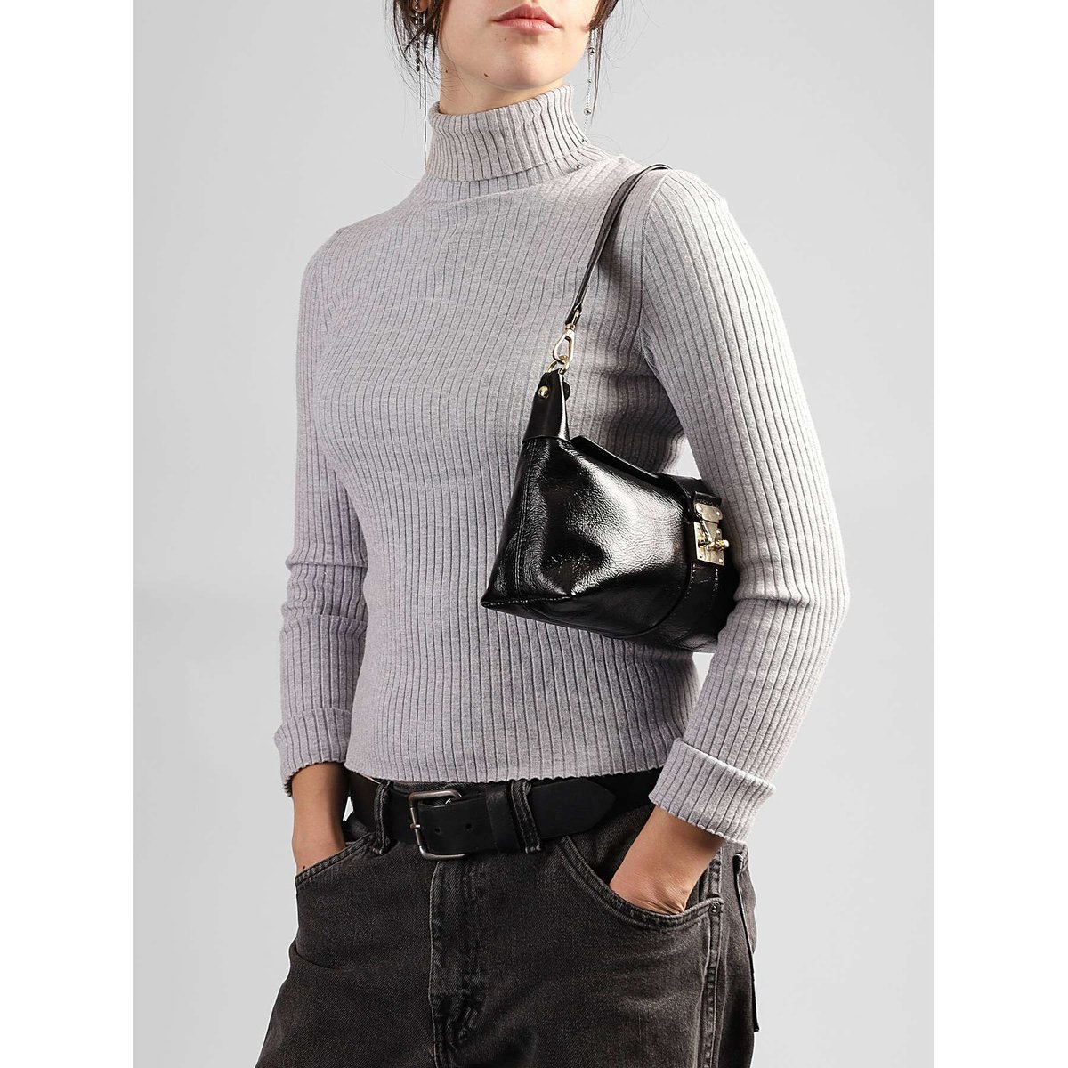 Sac porté épaule Shiny sauvage cuir nero, MILANO
