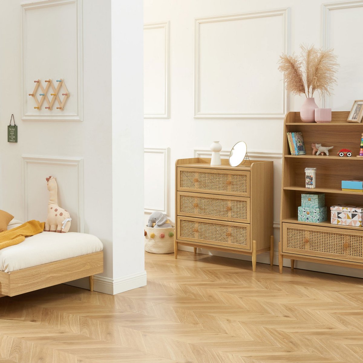 Table de chevet enfant 1 tiroir en bois et cannage- LILOU bois clair, DRAWER
