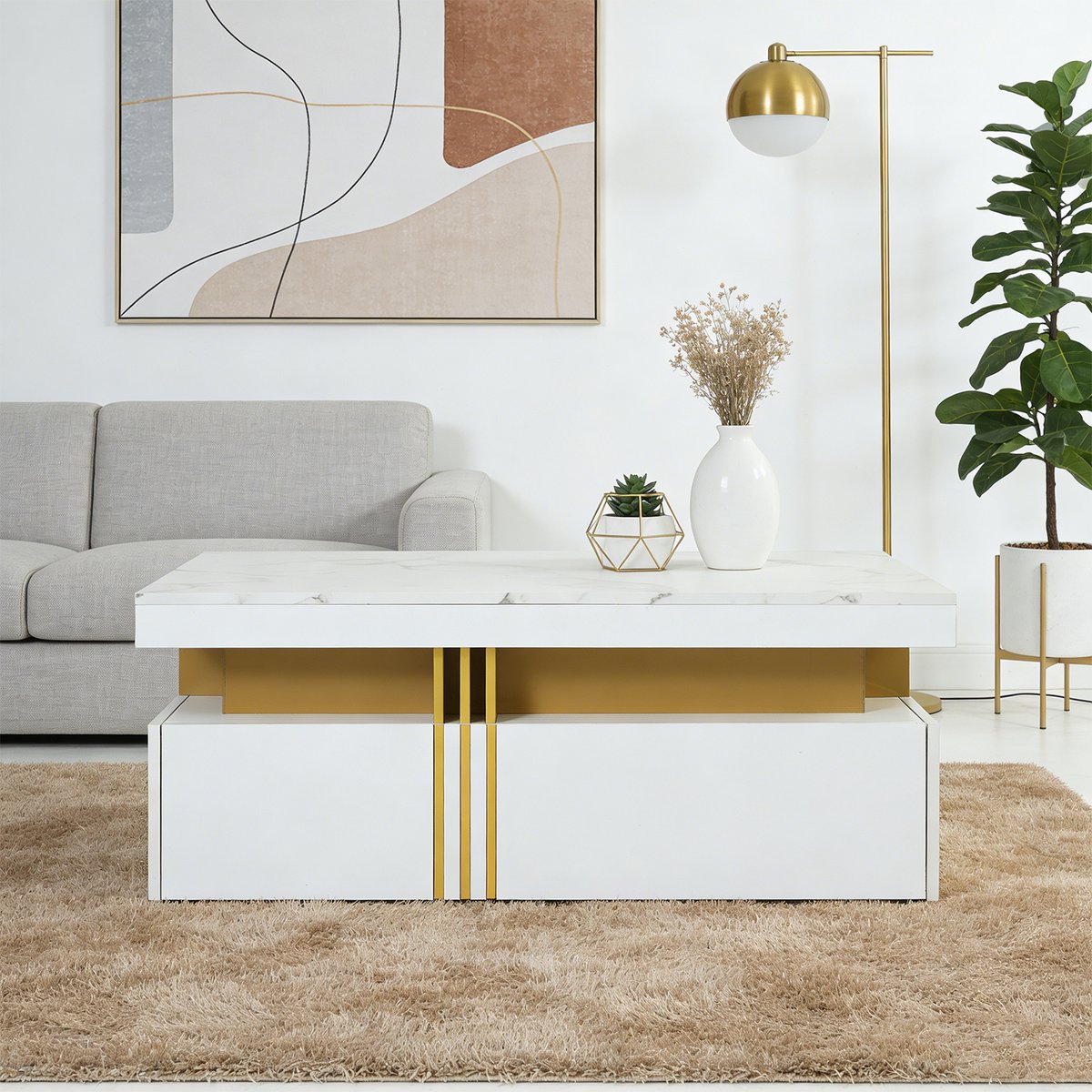 Table basse effet marbre rectangulaire tiroirs, NOVAKM white, MEUBLES COSY