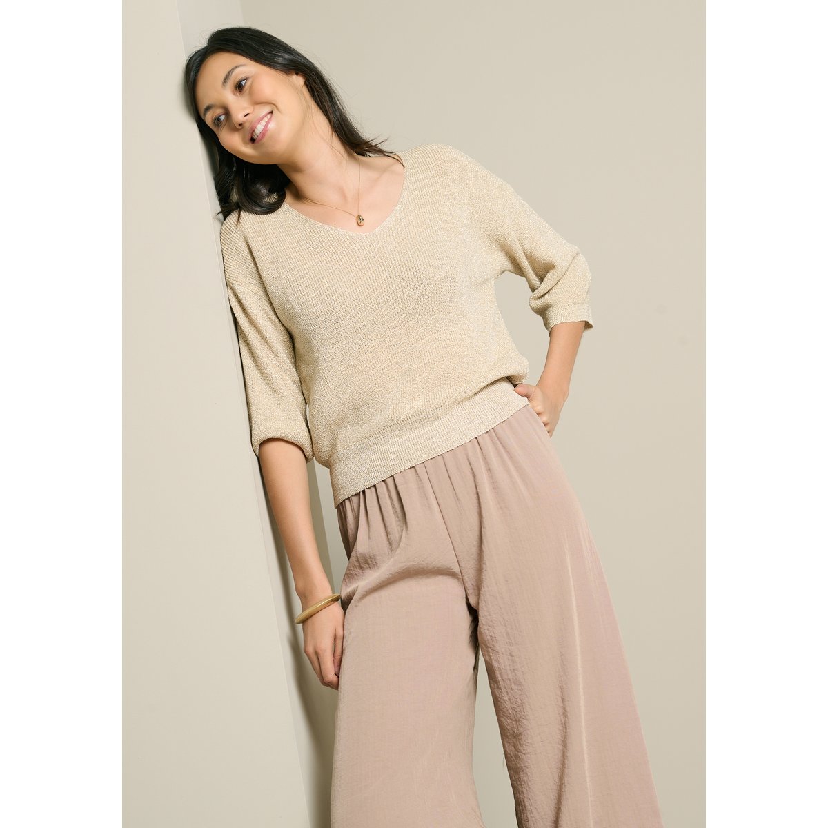 Pull fil textile manches 3/4 champagne sand, LOLALIZA