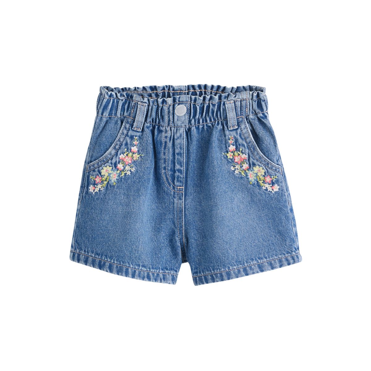 Short à enfiler fleur brodée denim bleu moyen, NEXT