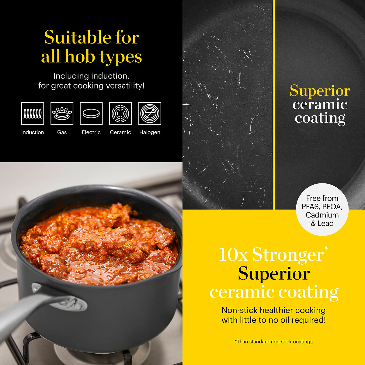 3-Piece Hard Anodized Saucepan Set black, GOOD FOOD BY TOWER