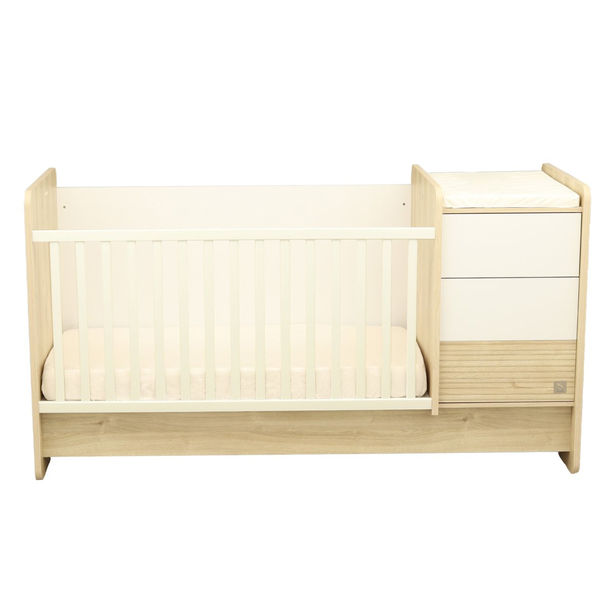 Lit combiné évolutif avec commode à langer 3 tiroirs marron/blanc, SAUTHON