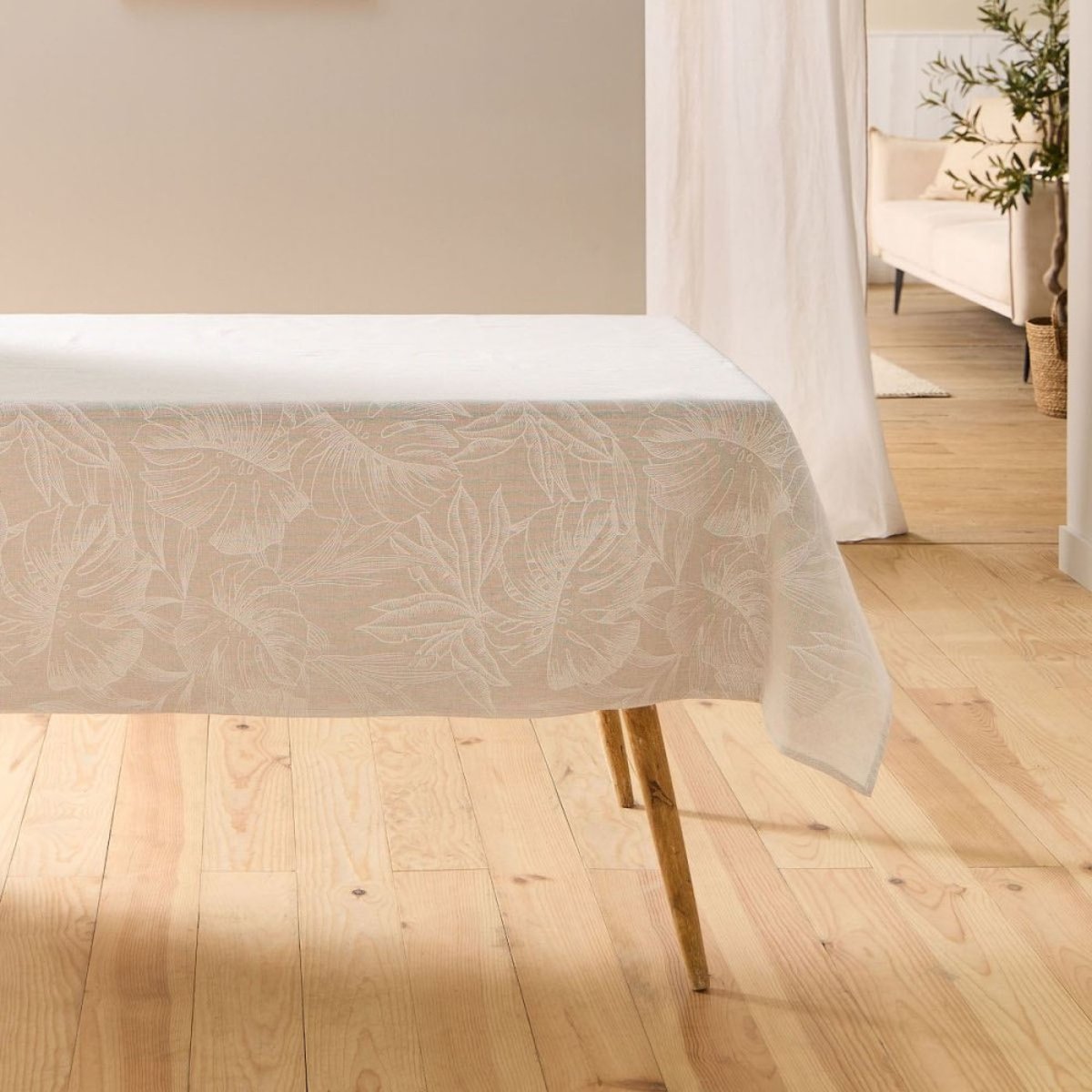 Nappe Rectangulaire 140x240 Imprimé Effet Lin Lorenza beige, DECORATIE