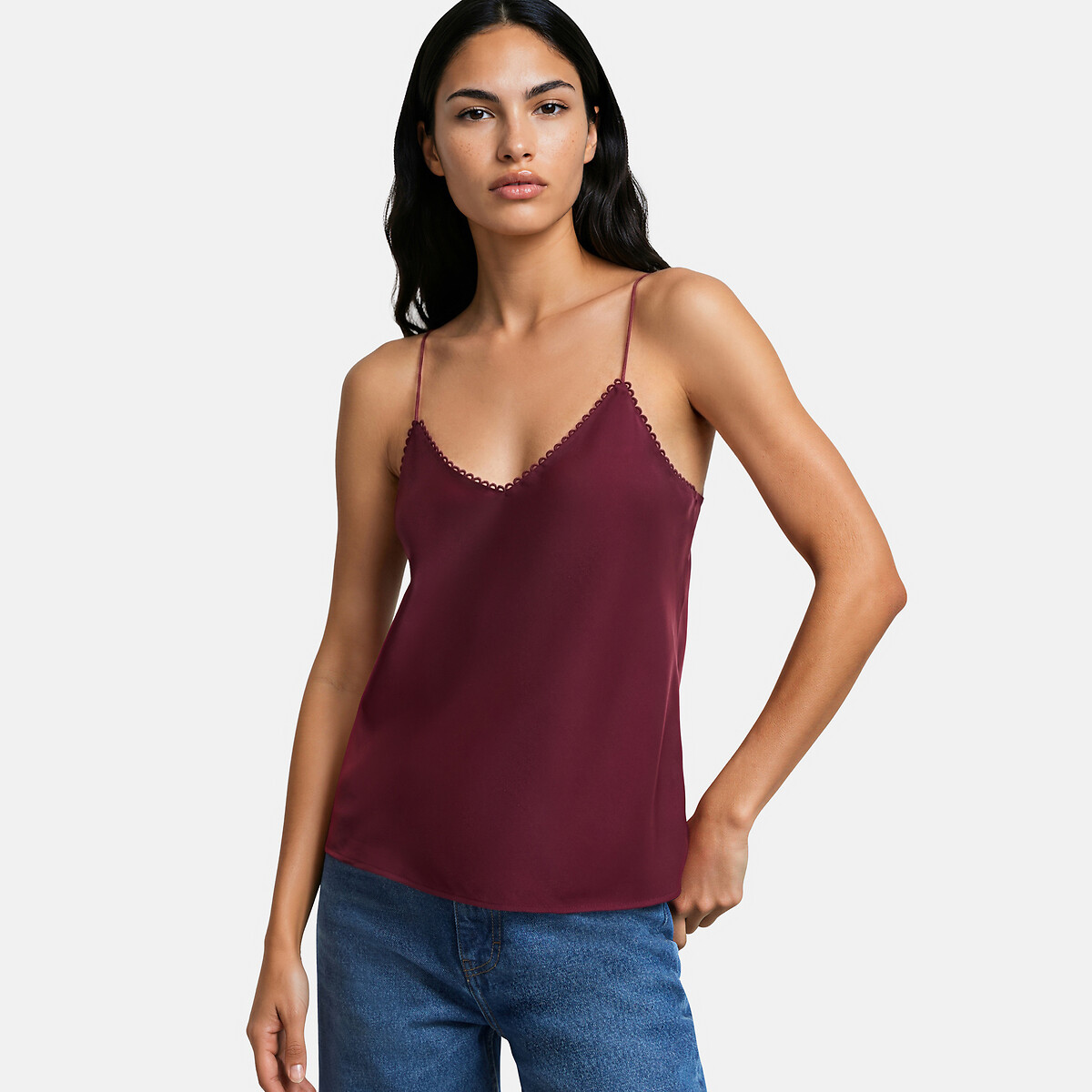 Satin V-Neck Vest Top with Shoestring Straps burgundy, LA REDOUTE COLLECTIONS
