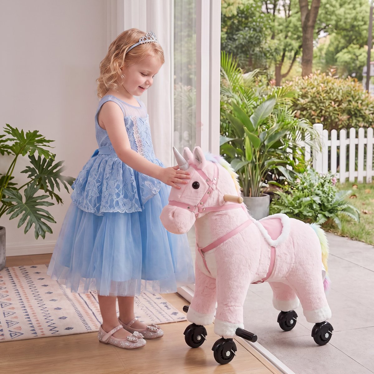 Cheval à bascule pour enfants Peluche rose, crinière multicolore, AIYAPLAY