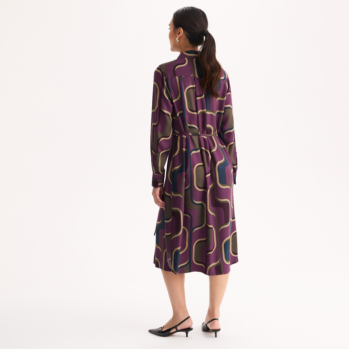 Robe longueur midi manches longues imprimé graphique imprimé fond prune, ANNE WEYBURN