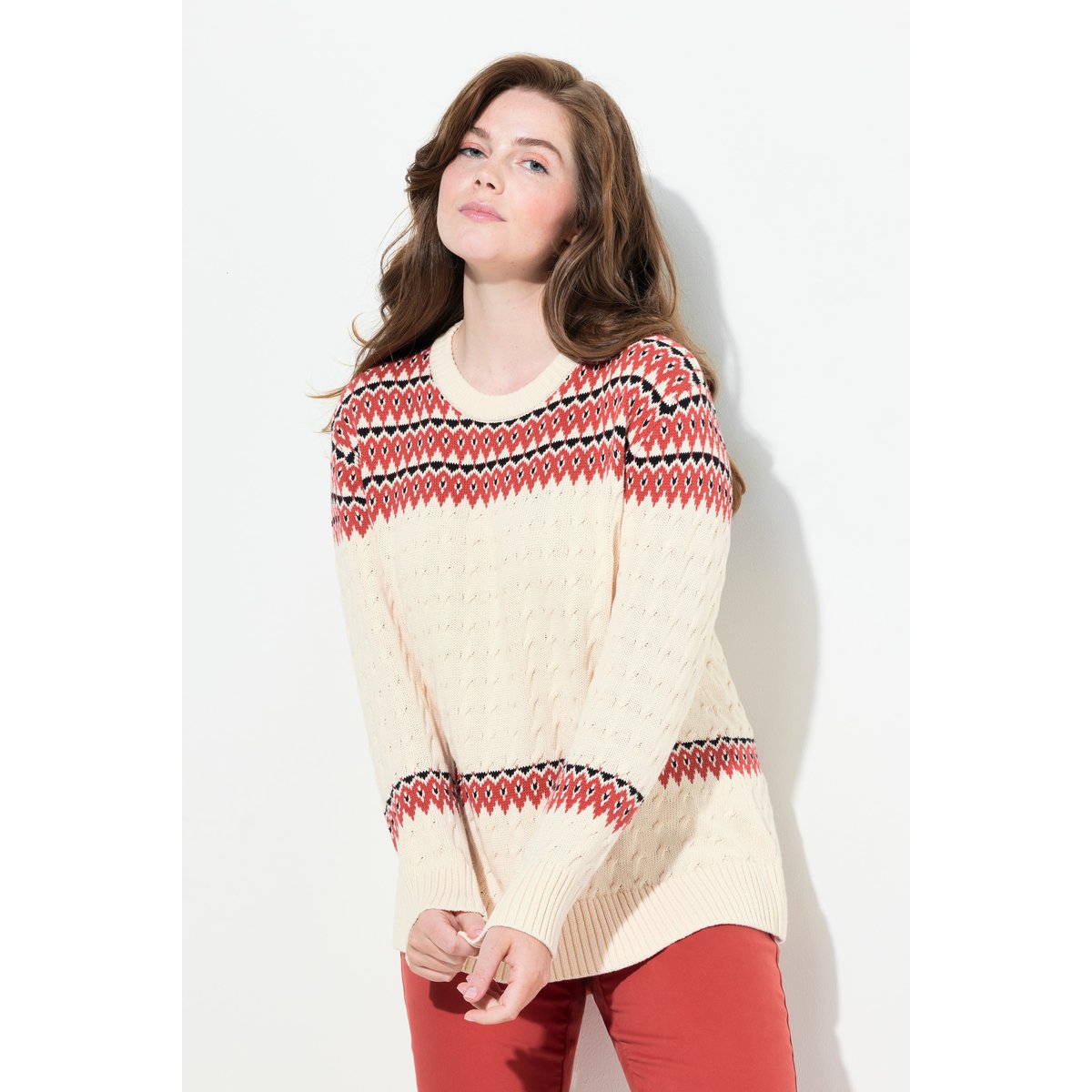 Pull à col rond et manches longues en coton rouge brique, ULLA POPKEN