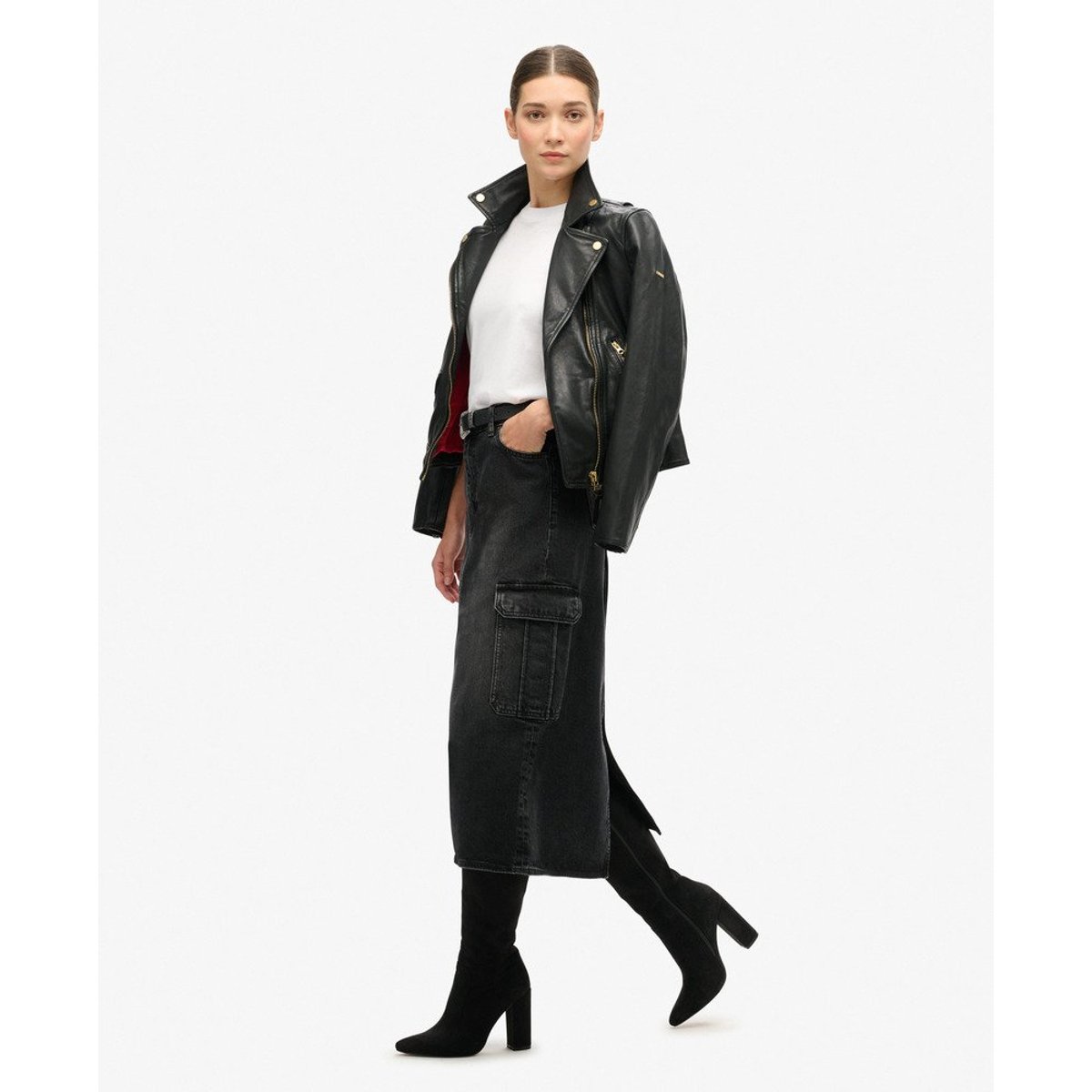Jupe mi-longue en denim à poches cargo denim noir, SUPERDRY