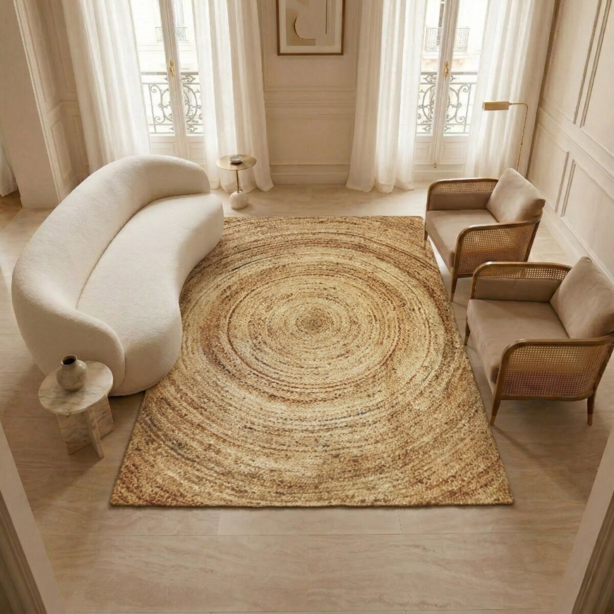 Tapis en jute tressé main lignes SUNNY JUTE - style bohème beige motif rond, THE DECO FACTORY
