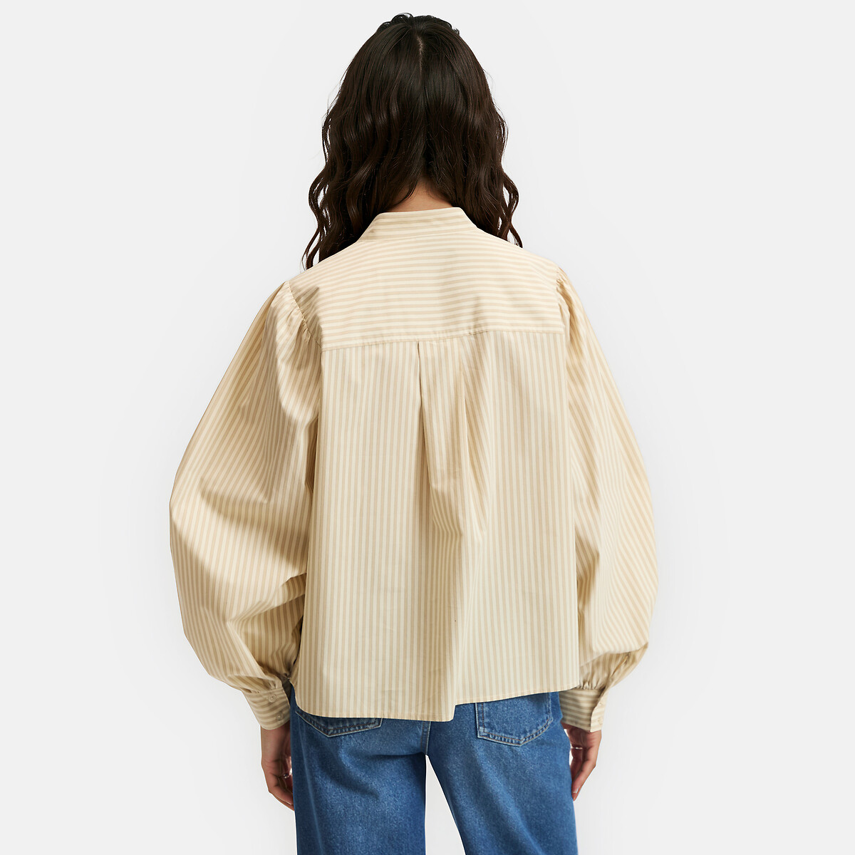 Camicia con collo lavallière a righe e maniche a sbuffo rayé beige/marron, LA REDOUTE COLLECTIONS