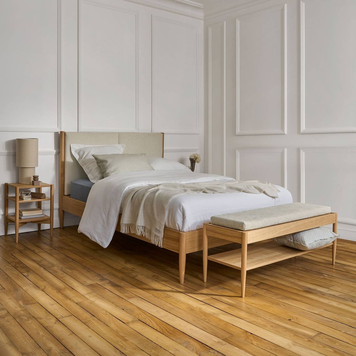 Lit bois avec tête de lit en tissu - ALINE naturel, CAMIF