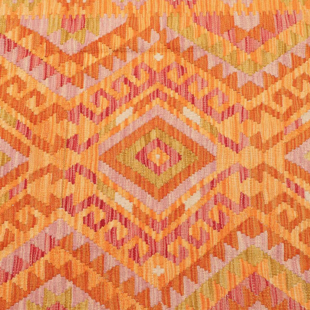 Tapis kilim ethnique, tissage plat artisanal, KILIM 78 orange, rouge, vert, UN AMOUR DE TAPIS