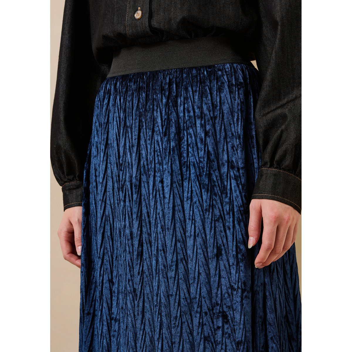Jupe midi en velours plissé marine, LA FEE MARABOUTEE