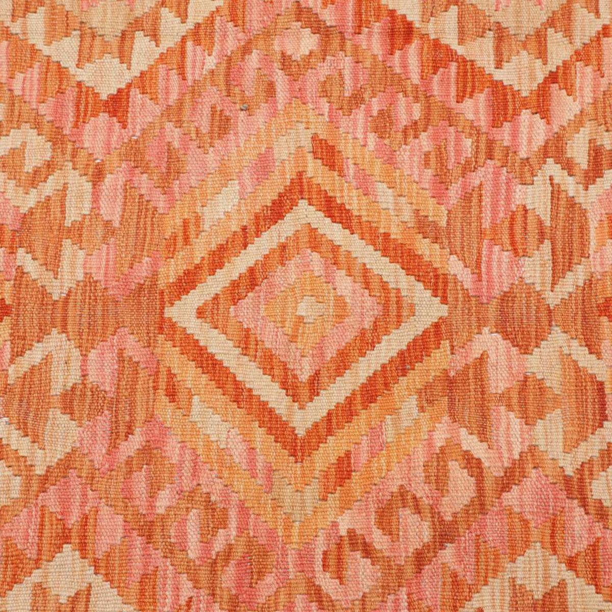 Tapis kilim, motif géométrique, tissé plat en laine, KILIM 37 orange, rose, rouge, UN AMOUR DE TAPIS