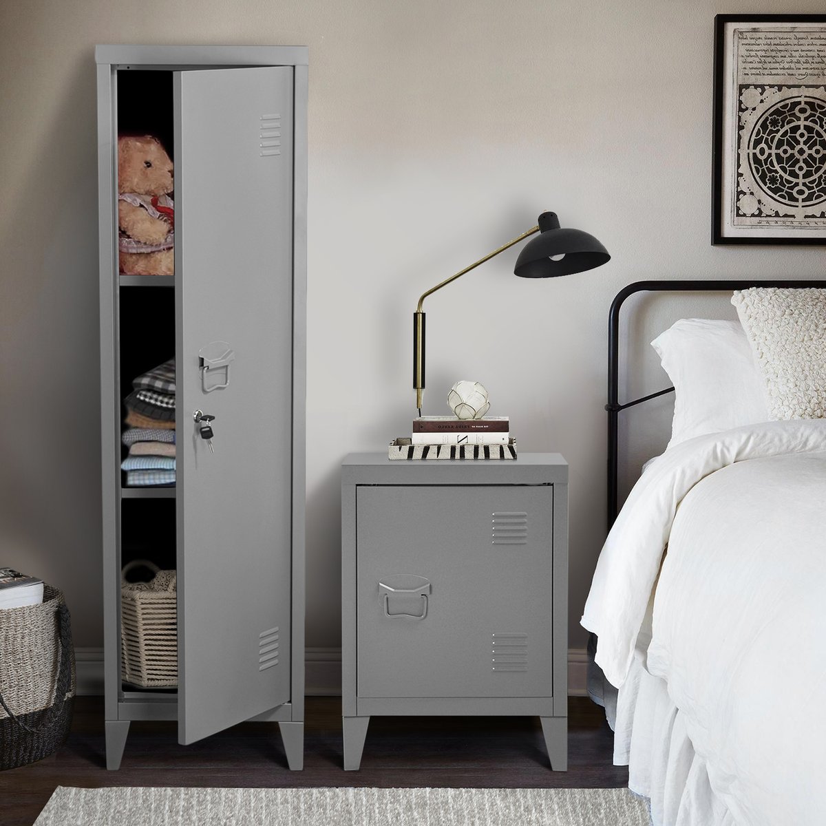 Armoire de rangement en métal 1 porte 3 étagères style industriel, COUNCILBLUFFS gris, MEUBLES COSY