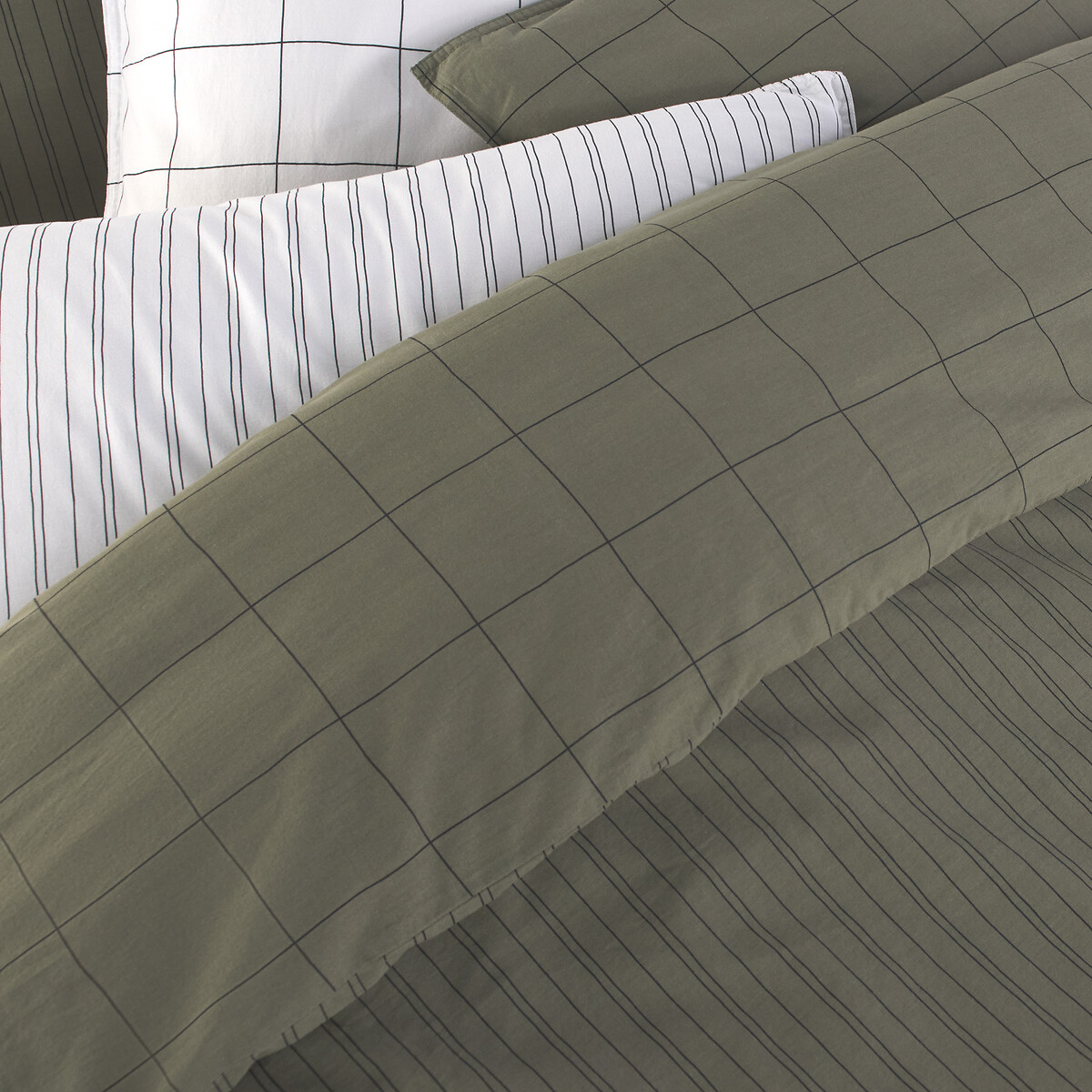 Monille Striped 100% Washed Cotton Duvet Cover khaki print, LA REDOUTE INTERIEURS