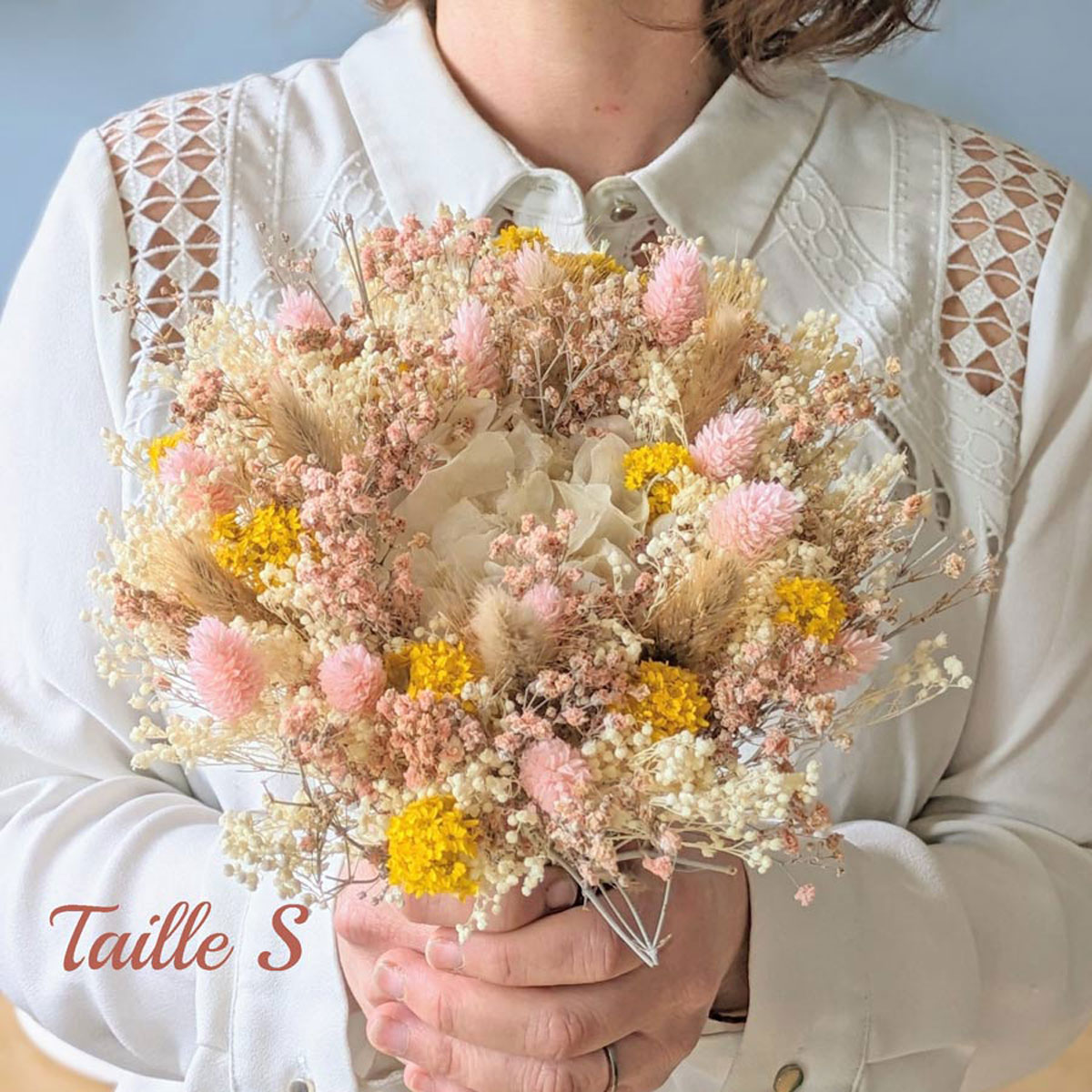 Bouquet de fleurs séchées S LUCIE rose, jaune, blanc, RECONCILIATION VEGETALE