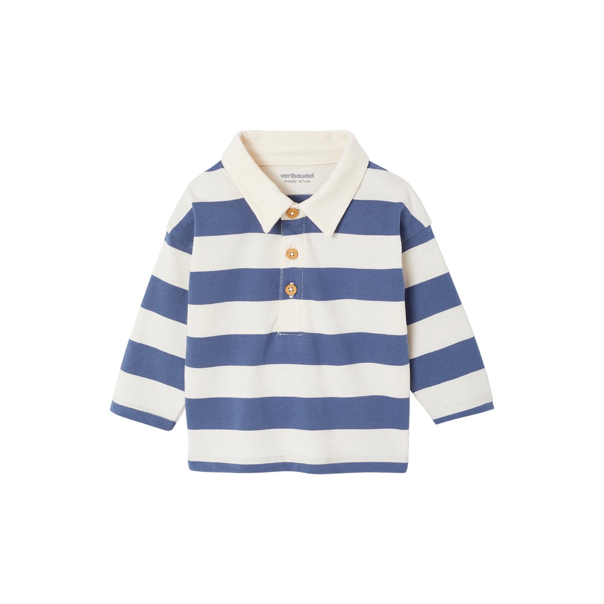 T-shirt polo rayé manches longues bleu grisé, VERTBAUDET