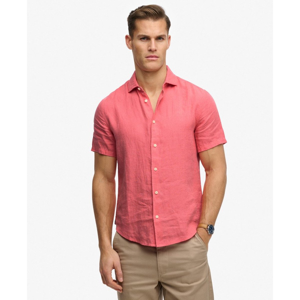 Chemise en lin à manches courtes Riviera corail, SUPERDRY