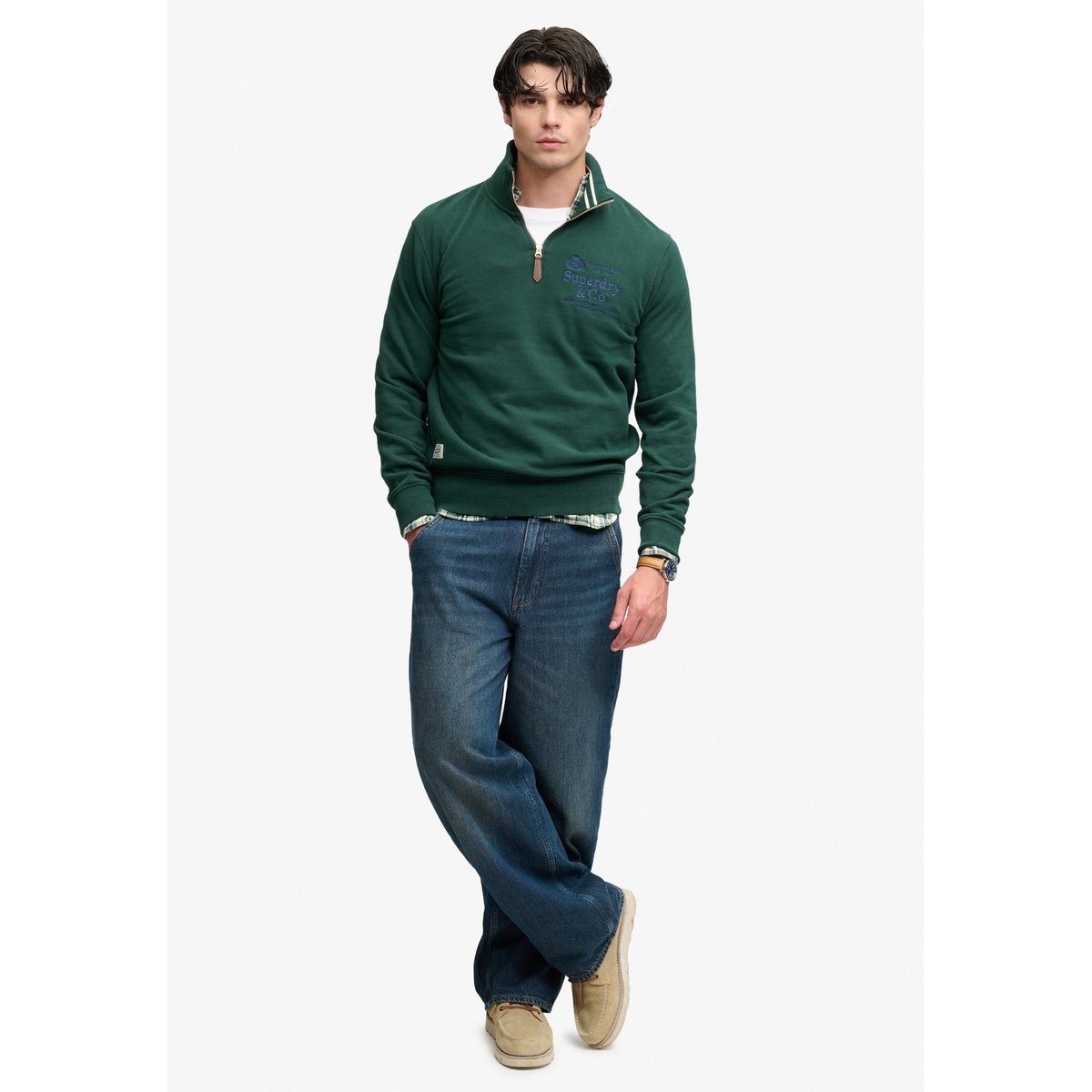 Sweat Demi-Zip Company Logo Coupe Décontractée vert émail, SUPERDRY