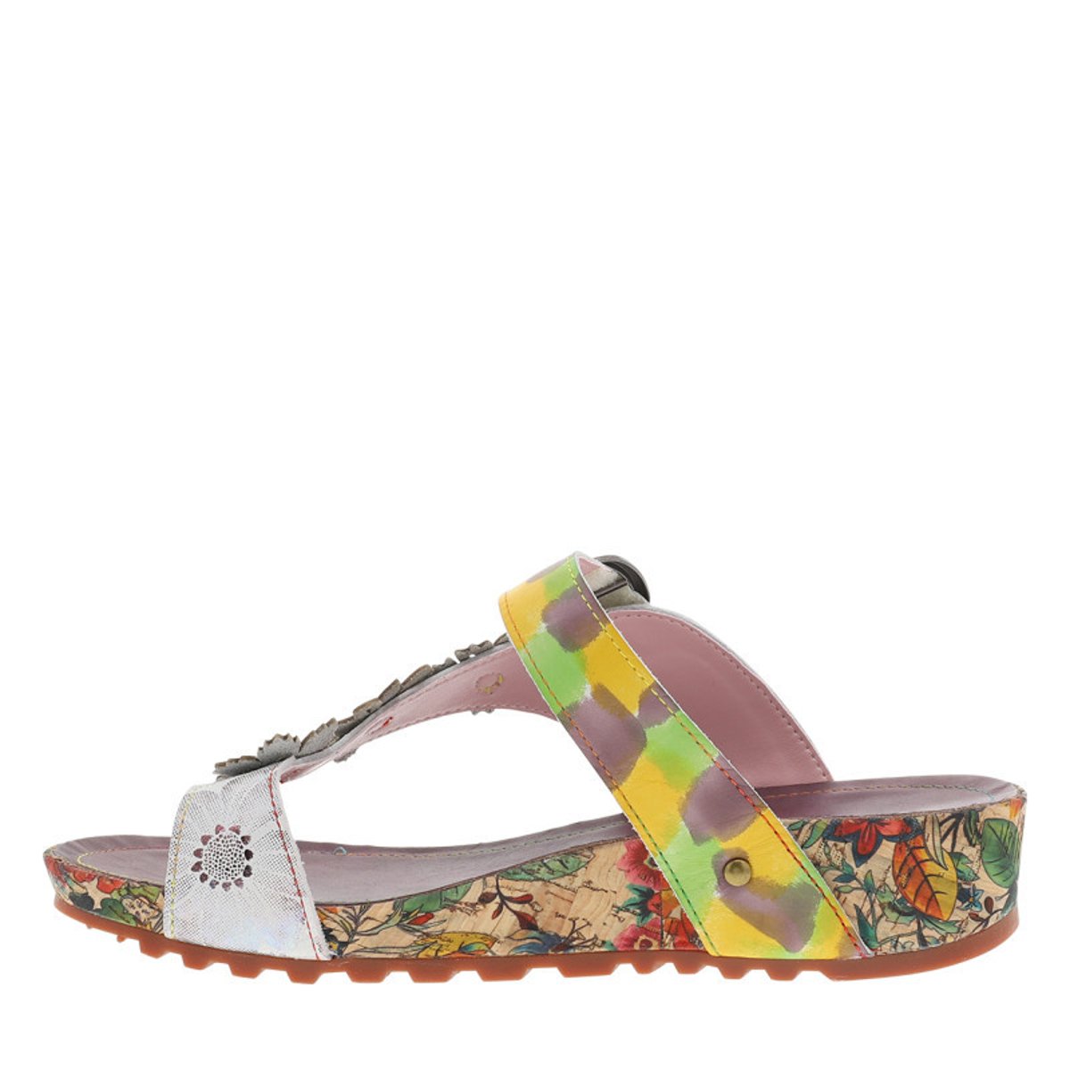 Mules en cuir multicolores à semelle plate avec une bande auto-agrippante multicolore, LAURA VITA