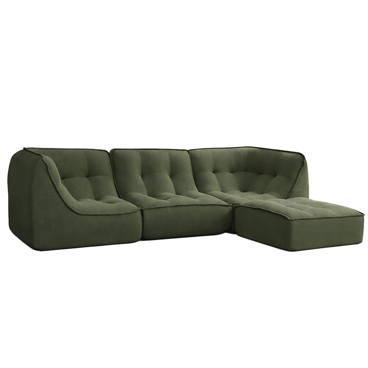 Canapé modulable 3 places en tissu côtelé avec pouf LIZY vert, OVIALA