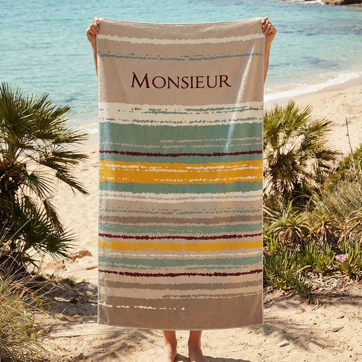 Serviette de plage velours 100x180 cm MONSIEUR sauge, SENSEI MAISON