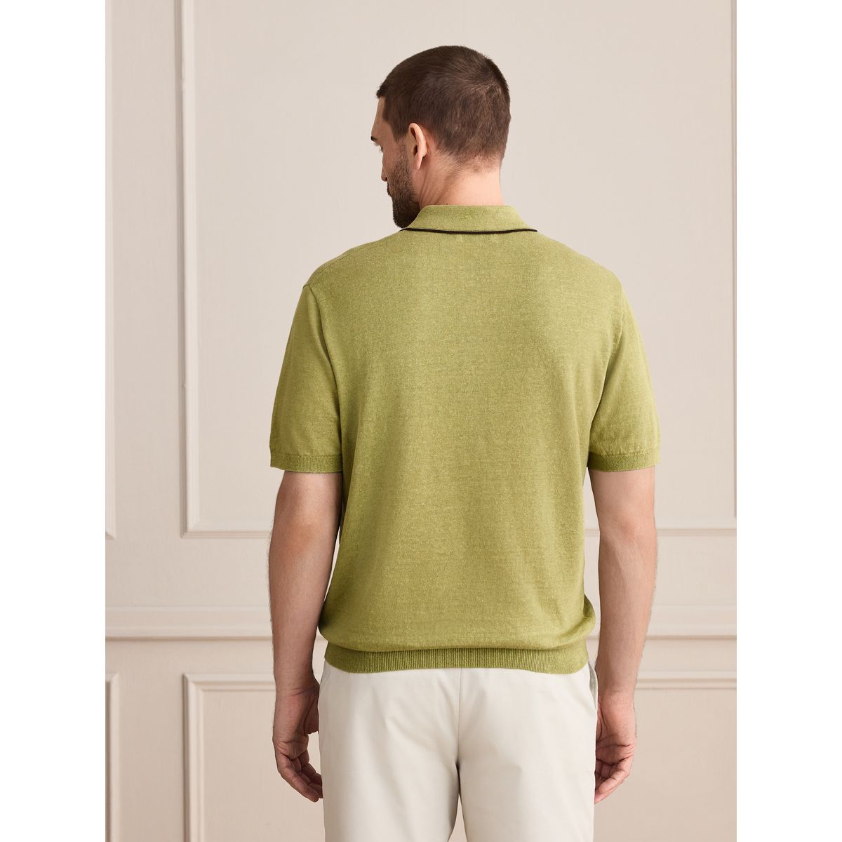 Polo en maille à liserés lin signature vert, NEXT