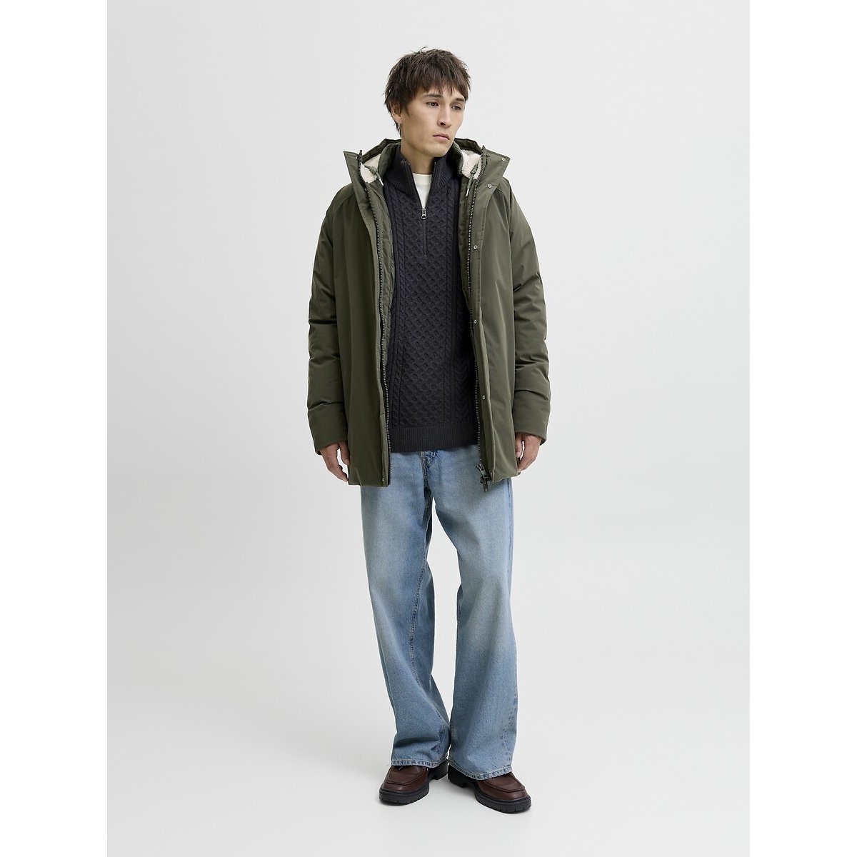 Pull maille torsadée demi zippé marine, JACK & JONES