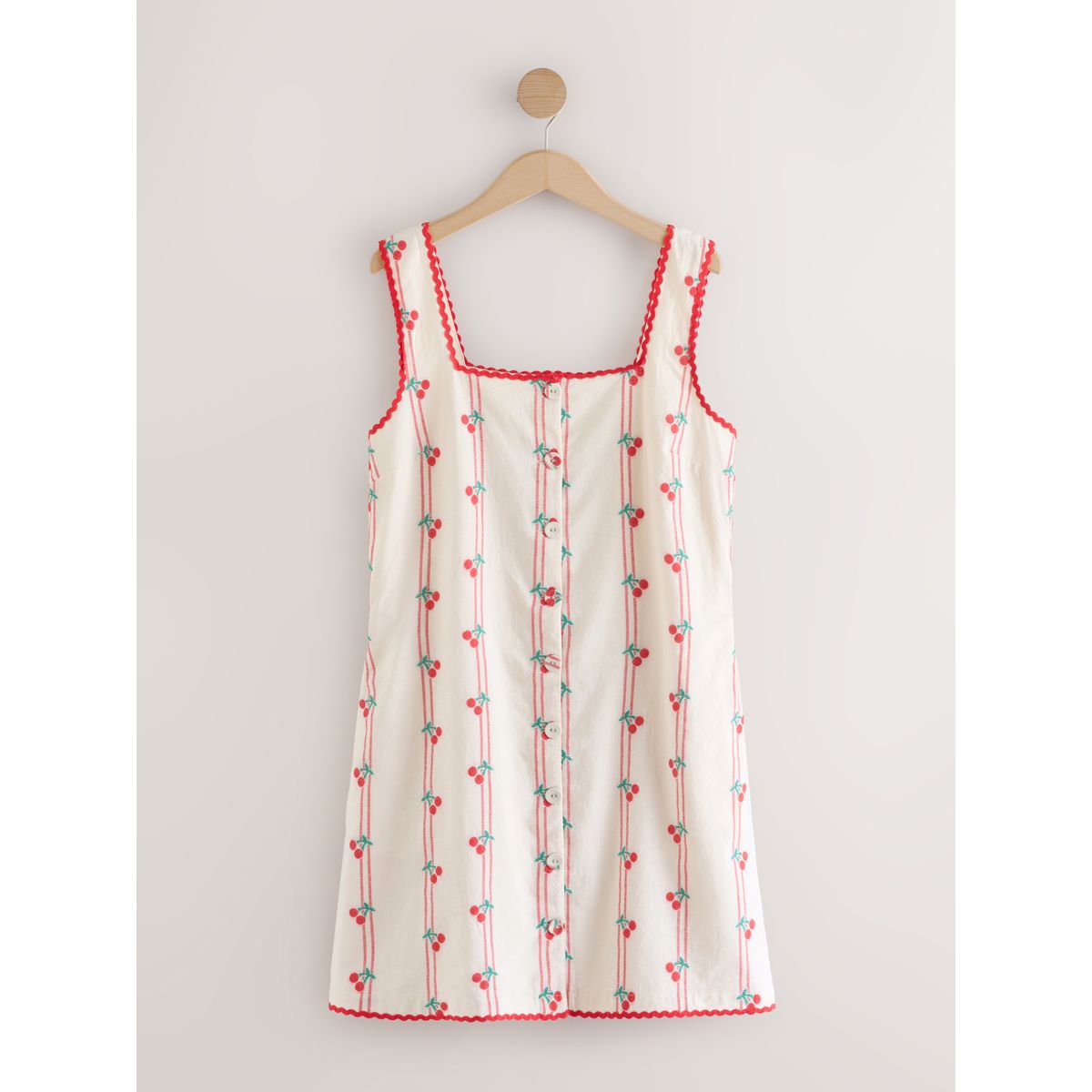 Robe courte droite boutonnée à col carré écru/cerise rouge, NEXT