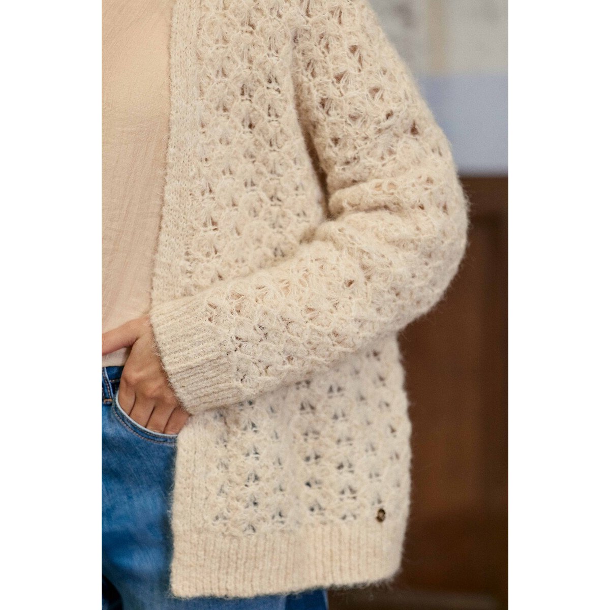 Gilet en maille ajourée, MILENE beige clair, LA PETITE ETOILE