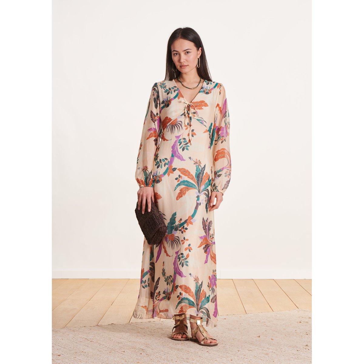 Robe longue en voile viscose/soie à imprimé blush, LA FEE MARABOUTEE