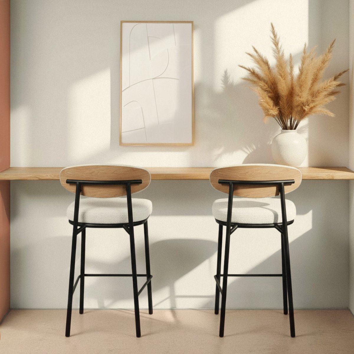 Lot de 2 chaises de bar en tissu bouclette, bois et métal H65cm- RODE écru chiné, DRAWER